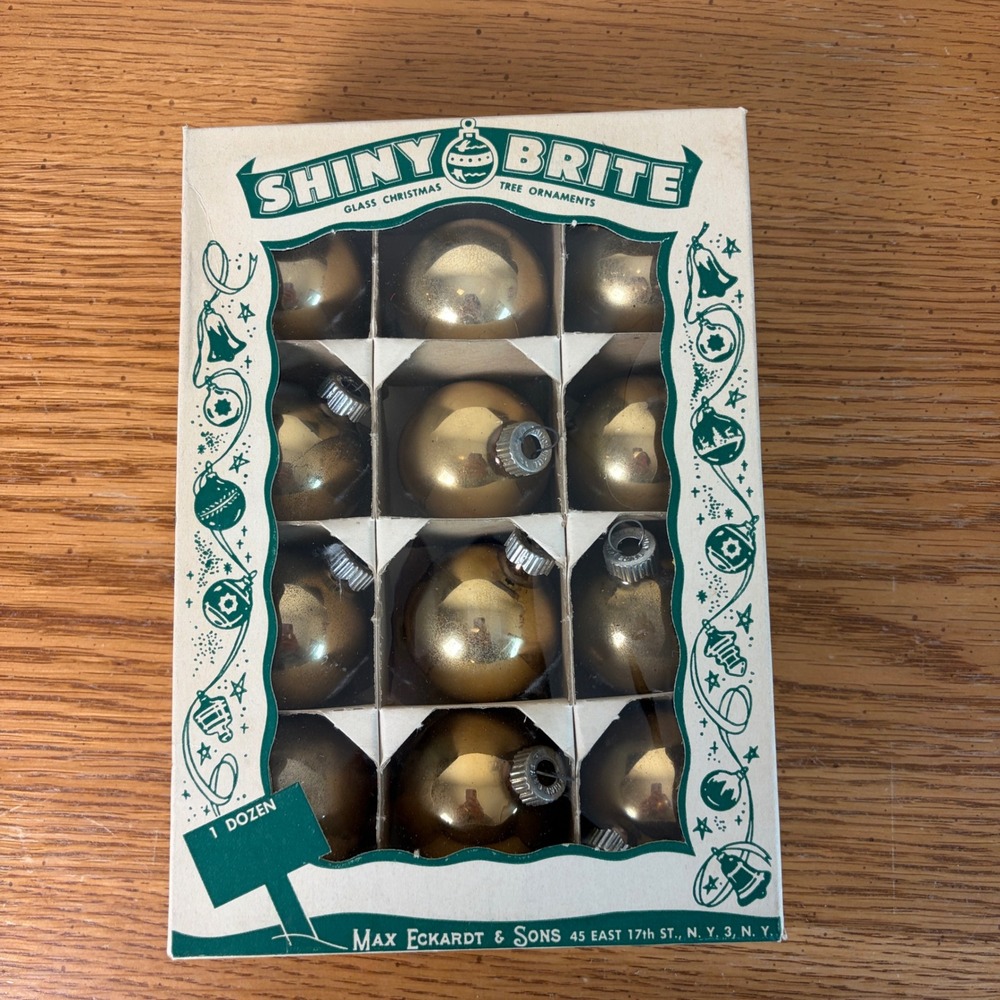 Vintage Shiny Brite Gold Glass Christmas Tree Ornaments Dozen Boxed Made in USA